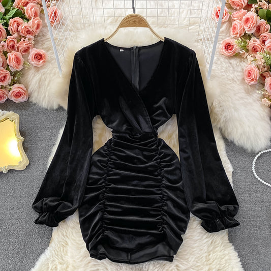 V-Neck long sleeve pleated slim wrap hip dress  3018