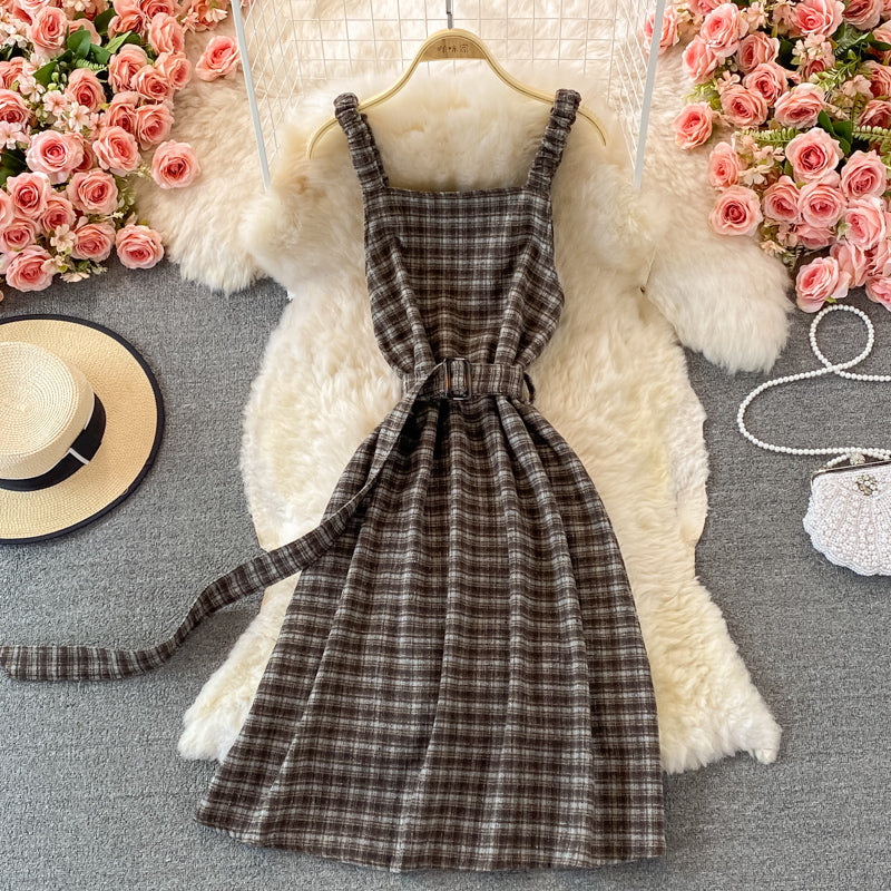 French retro Plaid strap skirt versatile backless A-line dress  2867