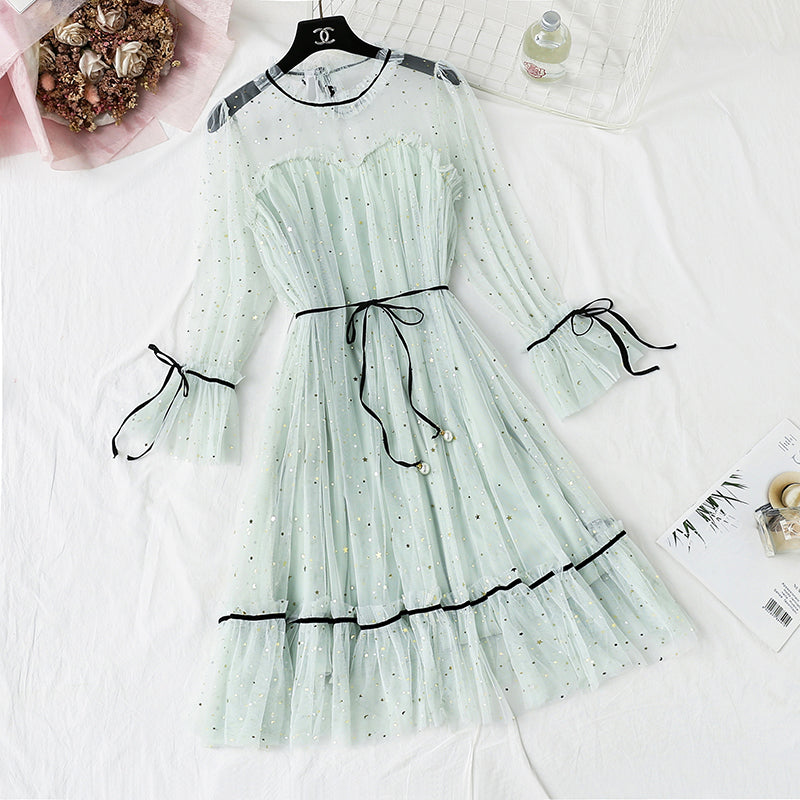 Sequin lace mesh dress women's autumn and winter loose bottomed doll dress  2173