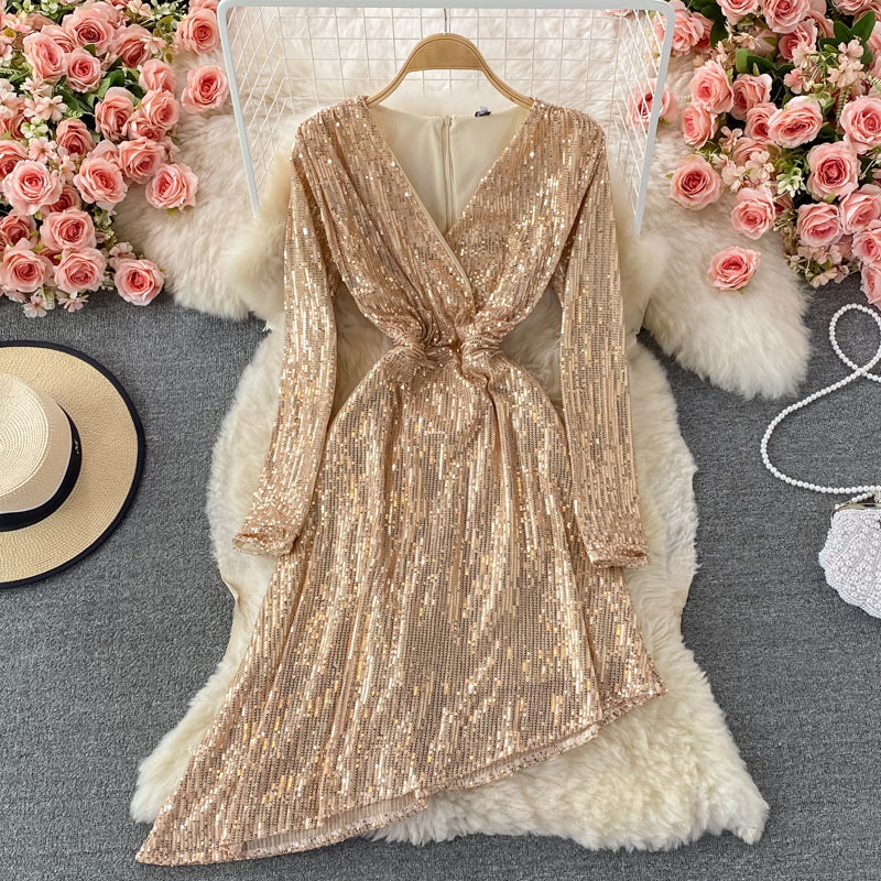 Sexy V-neck irregular Sequin dress  3097