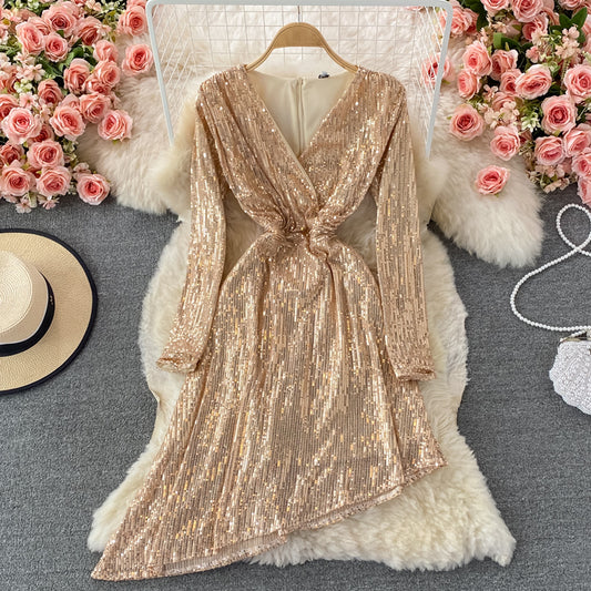 Sexy V-neck irregular Sequin dress  3097