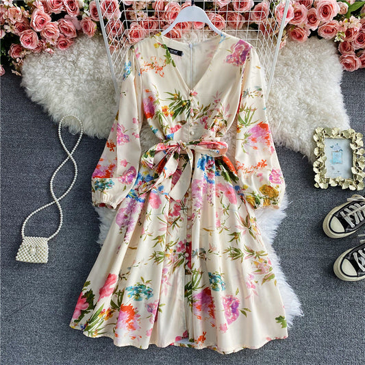 French first love skirt fairy skirt sweet printed bubble sleeve  3166