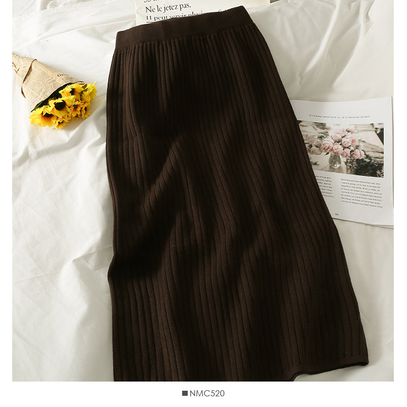 Hong Kong style retro vertical stripe elastic waist thin split one-step skirt  2519