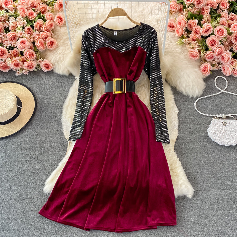 Golden velvet waist closing thin Sequin stitching Crew Neck Dress  3246
