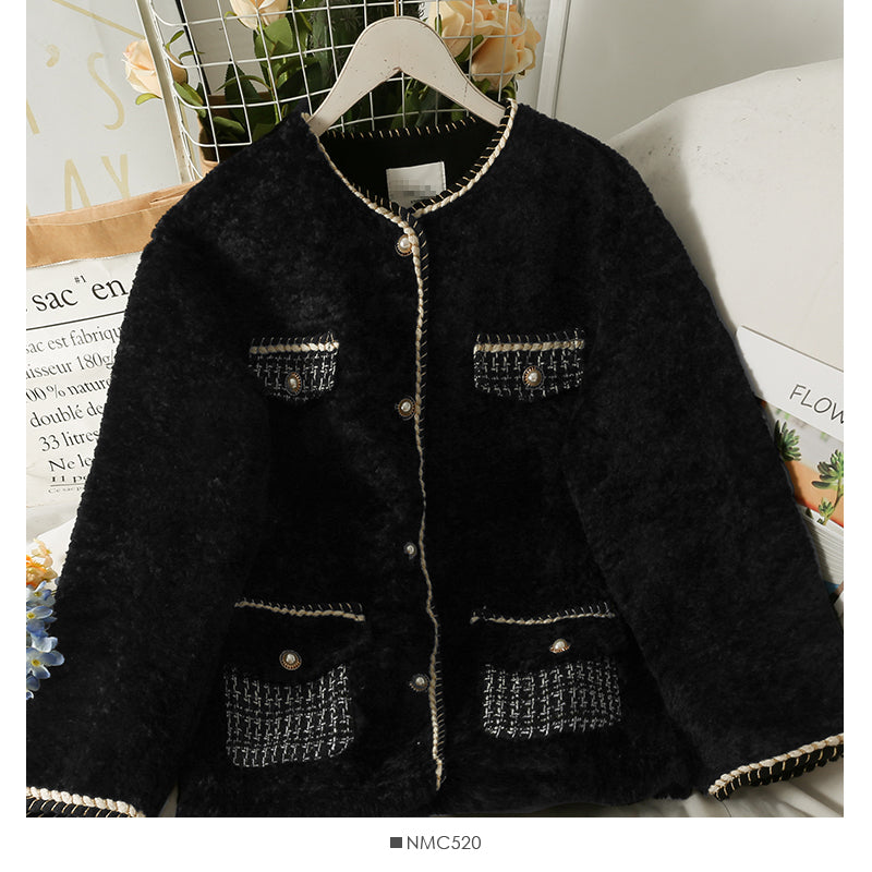 Seasonal bright silk trimmed lamb wool loose coat  2112