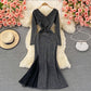 Sexy high elastic V-neck bright silk split buttock fishtail dress  2915