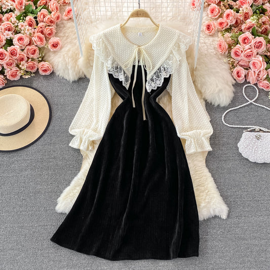 Lace stitching doll neck corduroy dress  3262