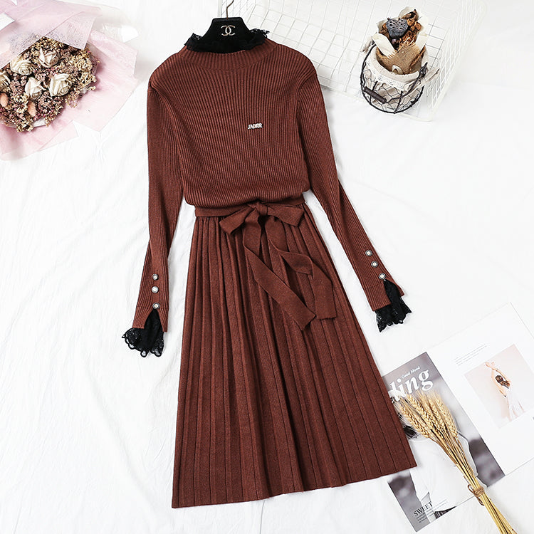 New French retro backing slim lace neck sweater skirt  2362