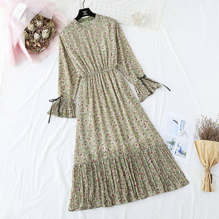 New French retro pleated flare sleeve bottomed long skirt  2359
