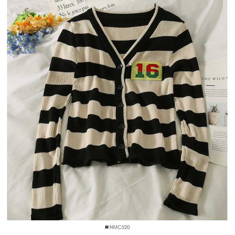 Striped single breasted cardigan long sleeved sweater for women  2061
