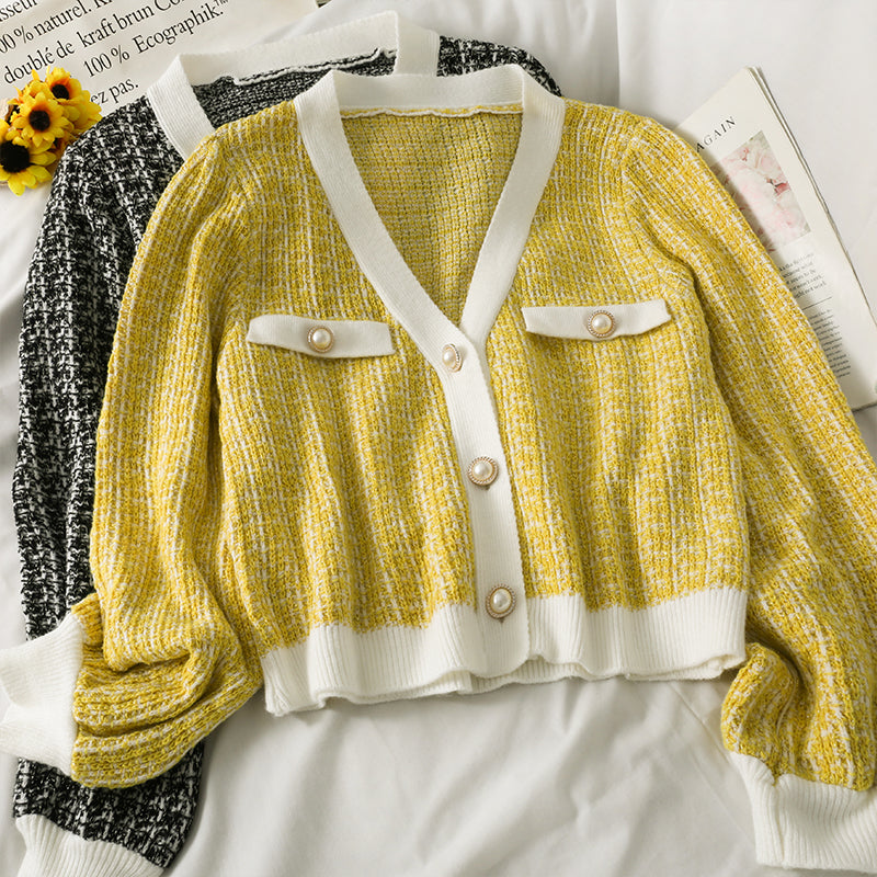 V-Neck long sleeved cardigan versatile sweater coat fashion  1736