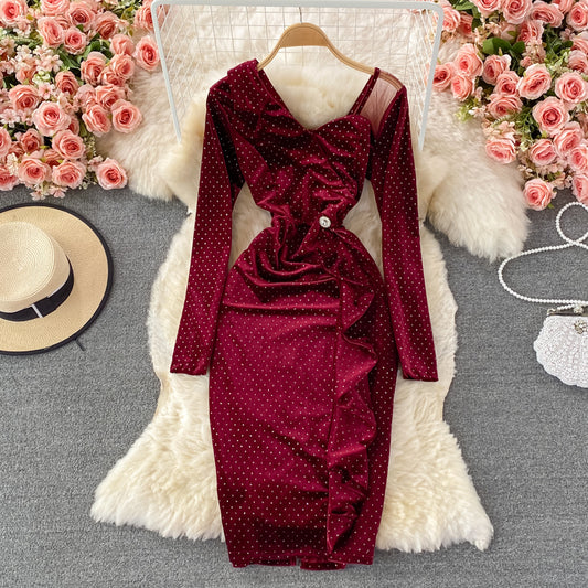 Temperament hot diamond velvet dress V-neck Ruffle tight Hip Wrap  3090