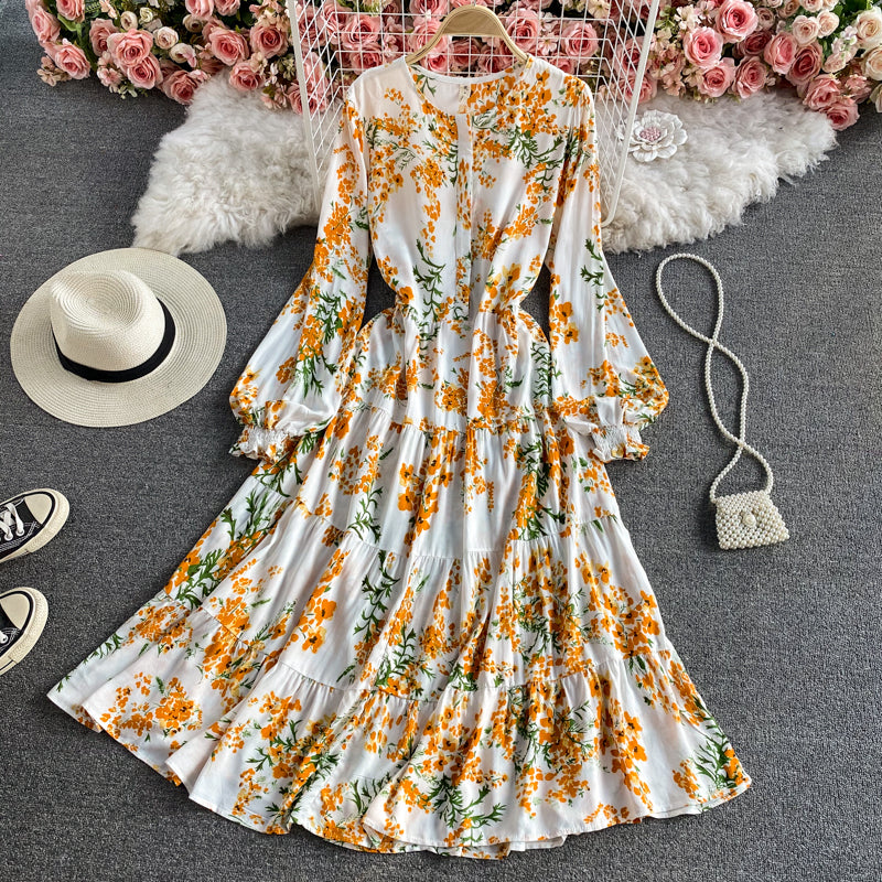 Wind round neck printed Bubble Sleeve Ruffle lace long skirt  3432