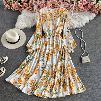 Wind round neck printed Bubble Sleeve Ruffle lace long skirt  3432