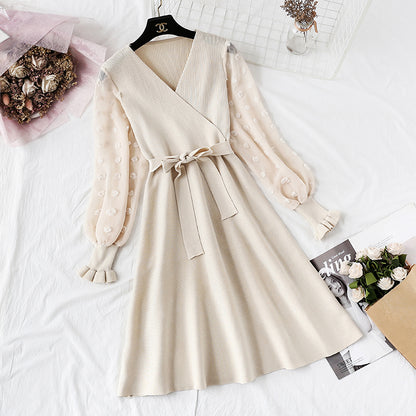 Small fragrance skirt children's French retro waist shows thin temperament V-neck  2145