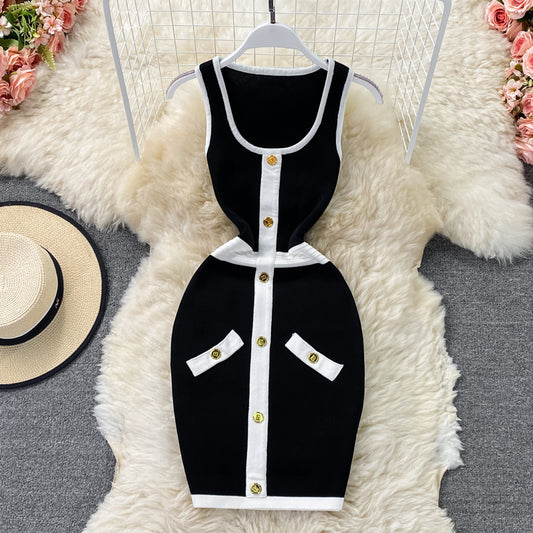 Slim waisted U-neck knit wrap hip dress  2783