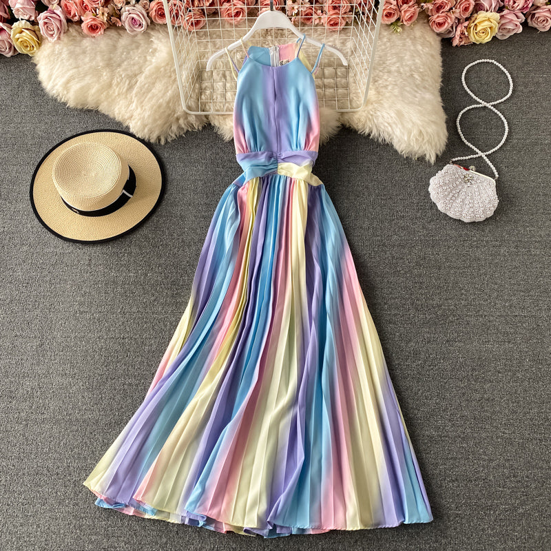 New sleeveless gradient rainbow neck suspender Pleated Dress  2728