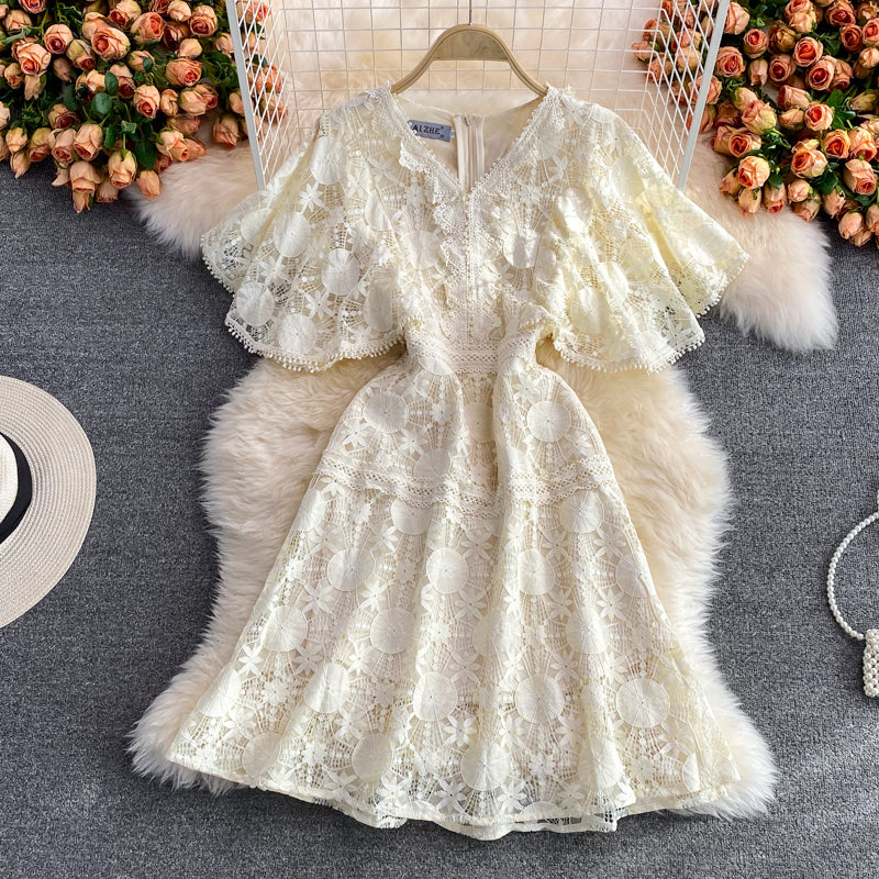 Hollow out embroidery hook flower waist closing slim lace dress  2987