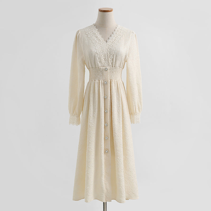 Dress long sleeve lace fairy skirt French V-neck  2283