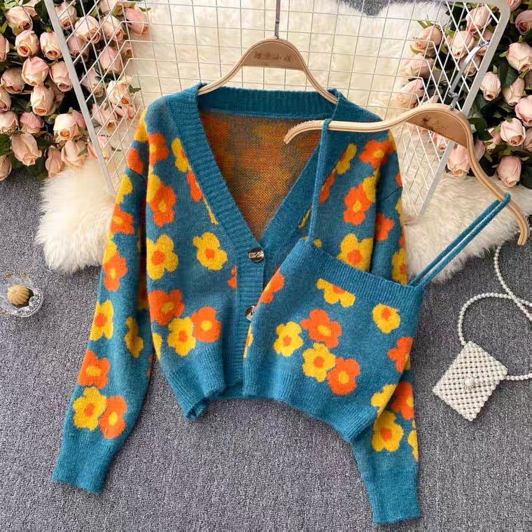 Automne, frais, à la mode, haut à bretelles spaghetti, pull cardigan, deux costumes 1395