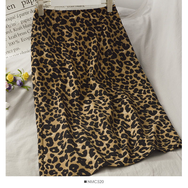 Hong Kong retro leopard print medium length high waist split one-step skirt  2662