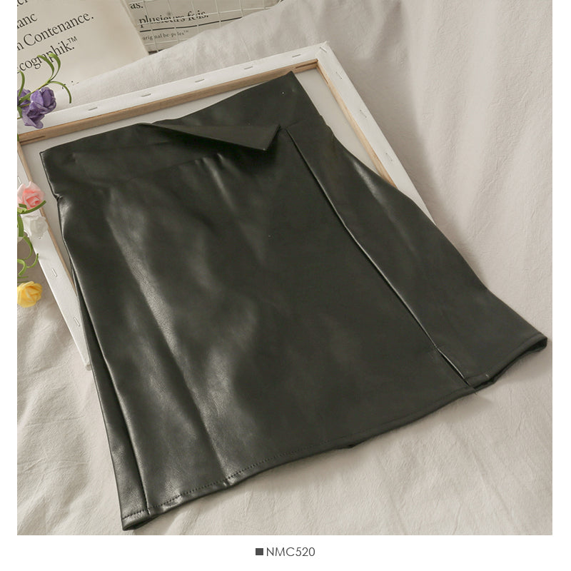 Retro and versatile irregular solid color high waist thin leather skirt  2660