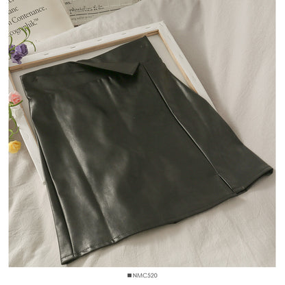 Retro and versatile irregular solid color high waist thin leather skirt  2660
