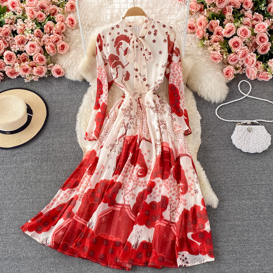 Temperament loose bow tie lace print dress  3351