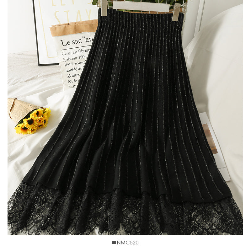 New lace stitched vertical stripe elastic waist slim skirt  2626