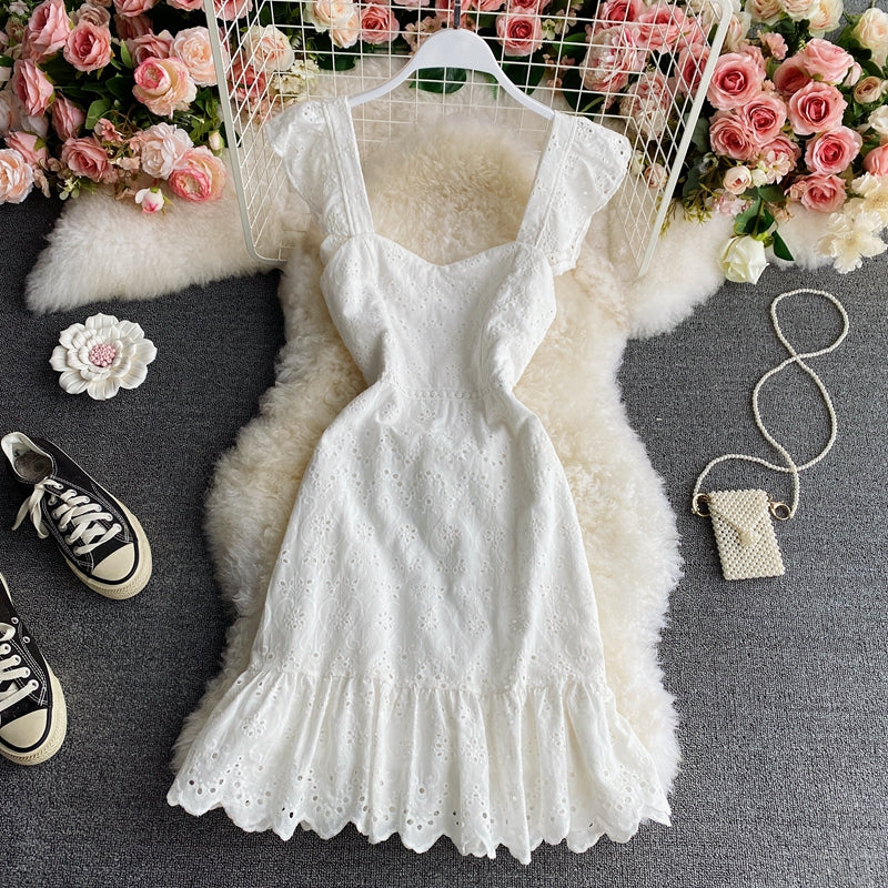 Lace hollow bubble sleeve temperament flounce suspender dress  2765
