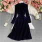 Stand neck off shoulder velvet A-line dress  3034