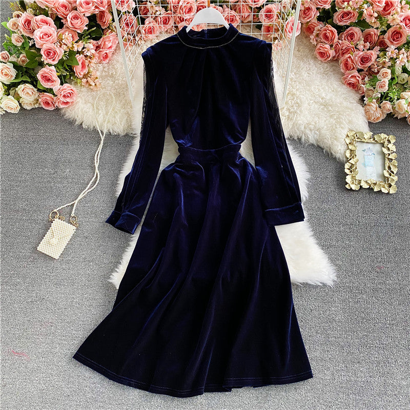 Stand neck off shoulder velvet A-line dress  3034