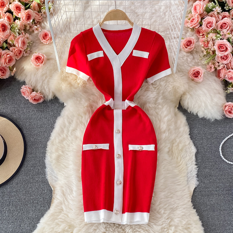 Small fragrance V-neck knitted dress shows thin Hip Wrap bottom skirt  2909