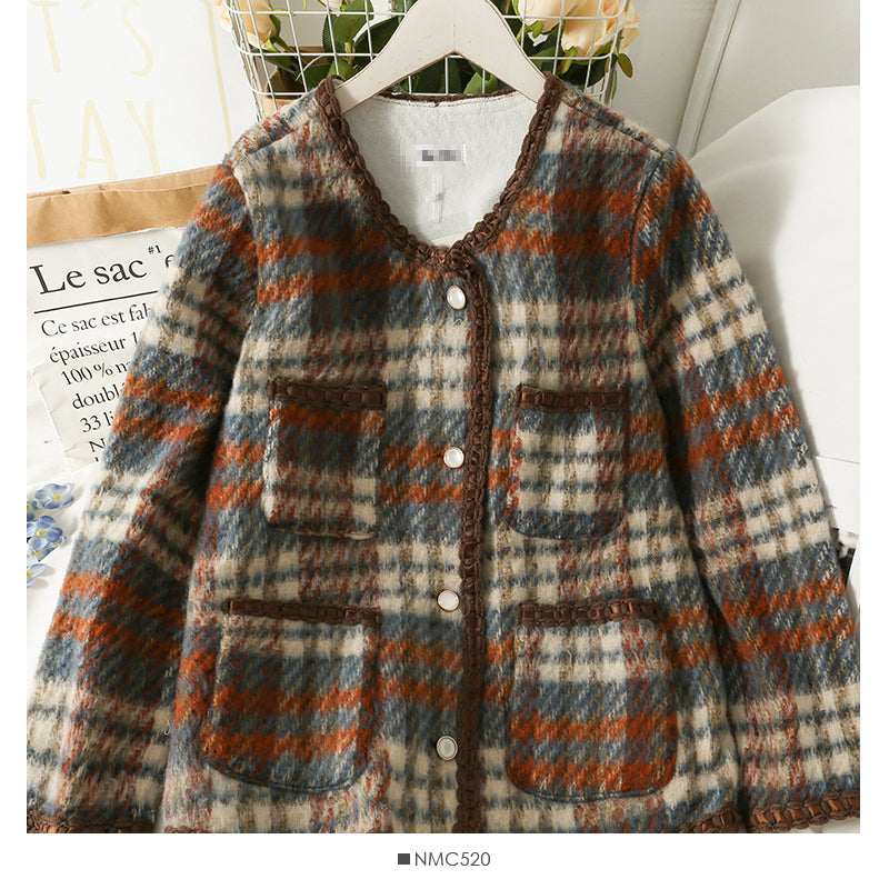 Veste en laine à simple boutonnage pour femme style Hong Kong Vintage Plaid 2124