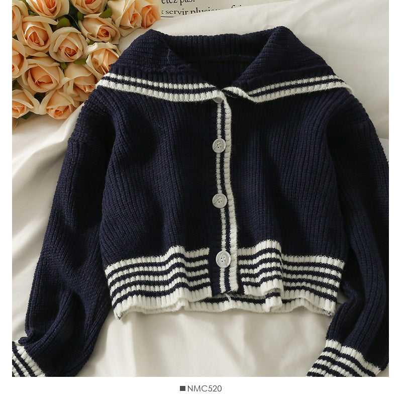 Korean stripe large lapel single breasted short cardigan sweater  2051