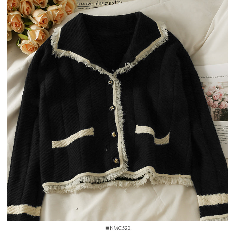 Hong Kong style retro color matching tassel single breasted sweater  2050