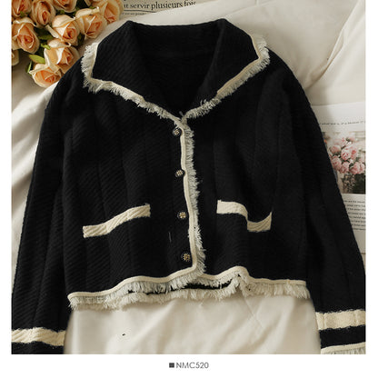 Hong Kong style retro color matching tassel single breasted sweater  2050
