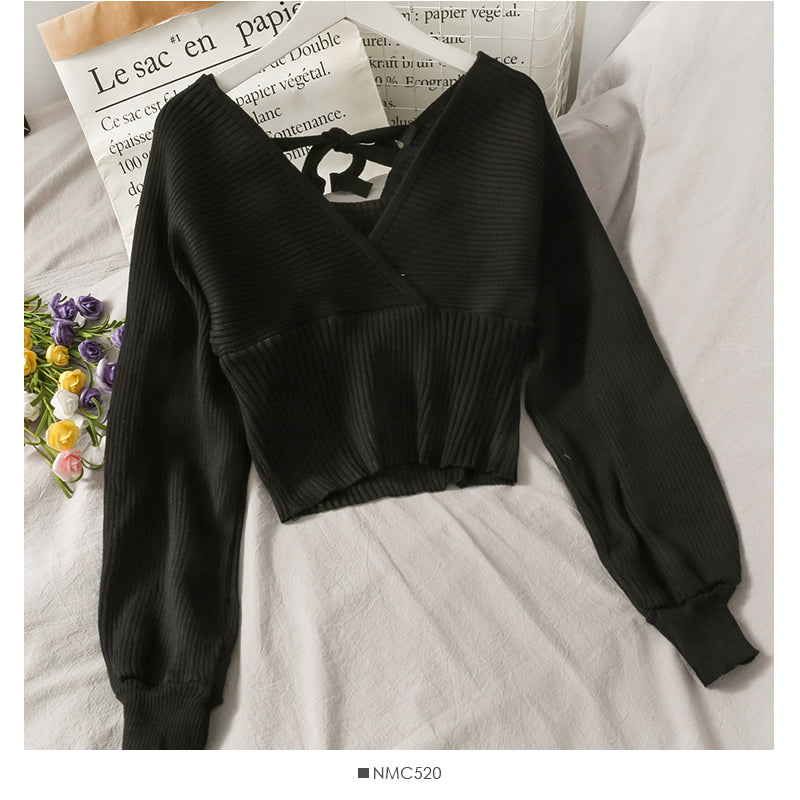 Women's Cross V-Neck long sleeve short waist knit  1698