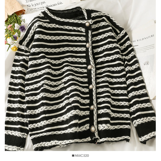 New striped loose thin single breasted cardigan  2007