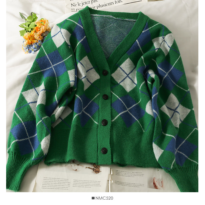Einreihiger Pullover mit V-Ausschnitt und Rautenmuster für Damen 1778