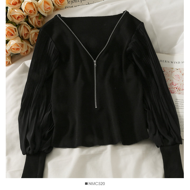 French niche low neck open collarbone zipper short T-shirt  1942