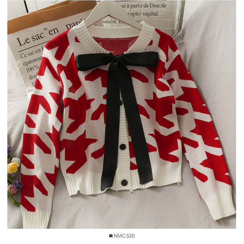 Sweet and versatile bow knot round neck single breasted sweater women  1988