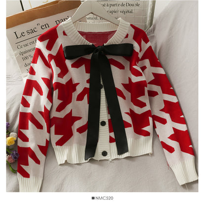 Sweet and versatile bow knot round neck single breasted sweater women  1988