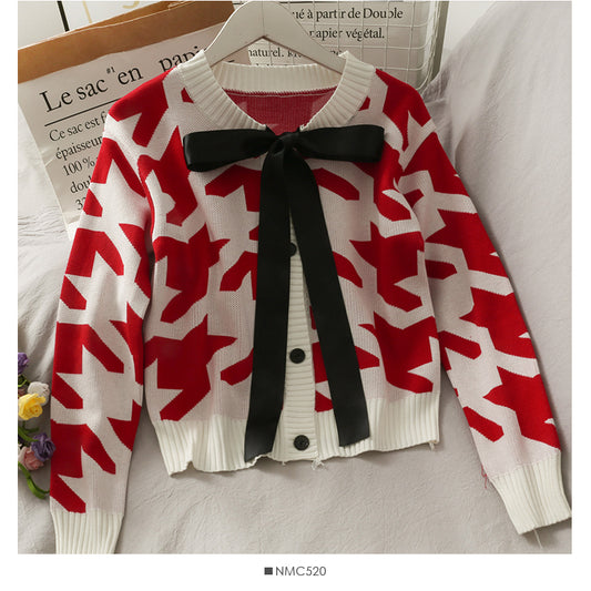 Süßer und vielseitiger Rundhals-Pullover mit Schleife, einreihig, Damen 1988