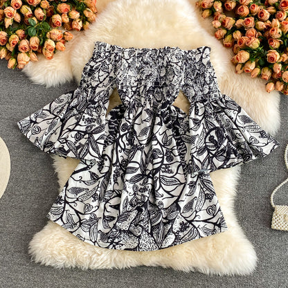 Skirt with straight neck, open shoulder and waist, thin ink painting dress, horn sleeve  2749