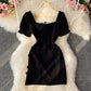 Retro disc buckle temperament bubble sleeve square neck dre  2808