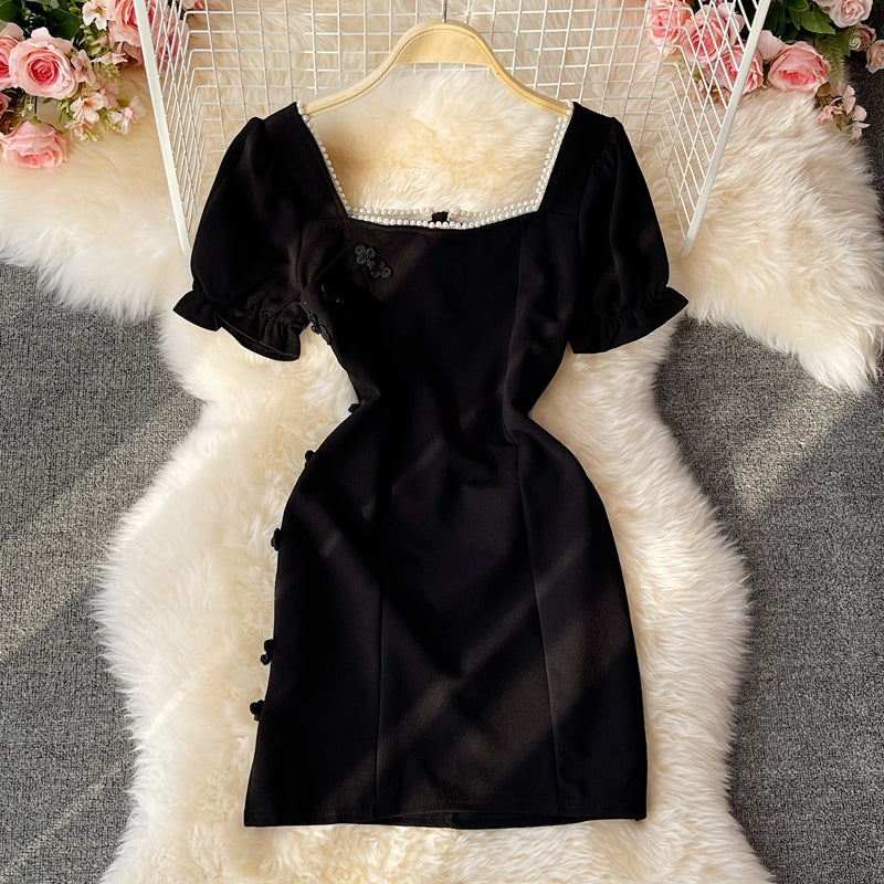 Retro disc buckle temperament bubble sleeve square neck dre  2808
