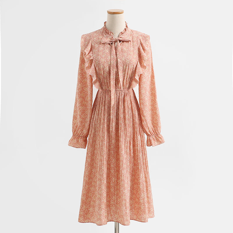 Ruffle French Vintage Long Sleeve Chiffon Dress  2257