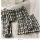 Short open navel bubble long sleeve top Plaid high waist skirt  2518