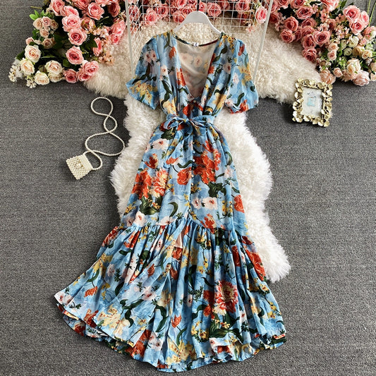 Temperament beach skirt seaside holiday V-neck Printed Dress  2933